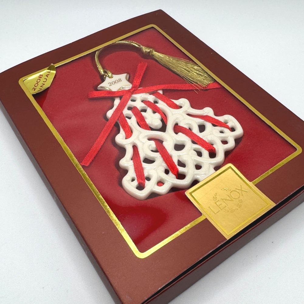 Lenox 2008 Christmas Wrappings Tree Ornament Pierced Ivory China Red Ribbon